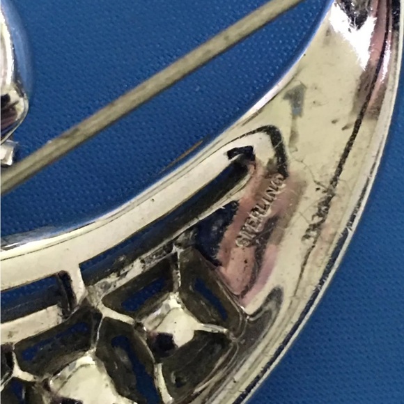 Sterling Silver and White Rhinestone Crescent Brooch - Picture 2 of 2